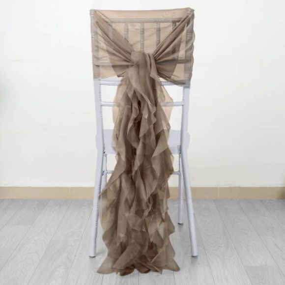 1 Set Taupe Chiffon Hoods With Ruffles Willow Chiffon 250 Chair Sashes - Picture 4 of 4